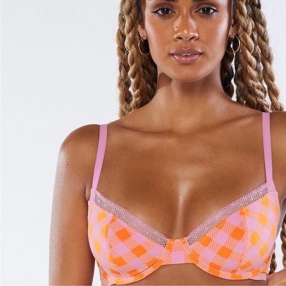 NWT Savage X Fenty Womens Checkered Print‎ Bra Orange Lilac Underwired Size 34A - Picture 1 of 11